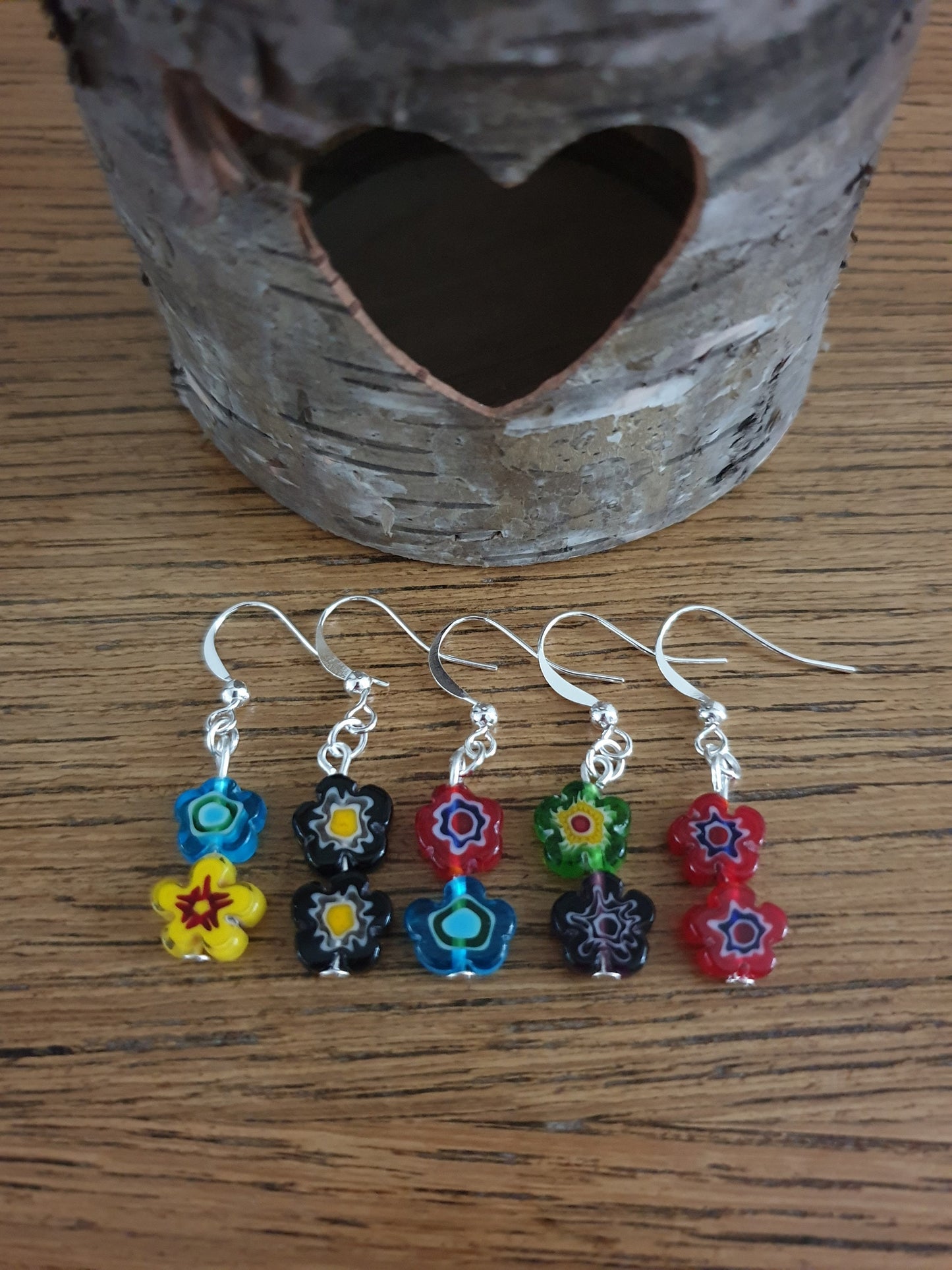 Millefiori Glass Flower Earrings.  Floral, Blue, Yellow, Red, Black, Gift.  Clip On, Hypoallergenic, Allergy, Lead, Nickel Free