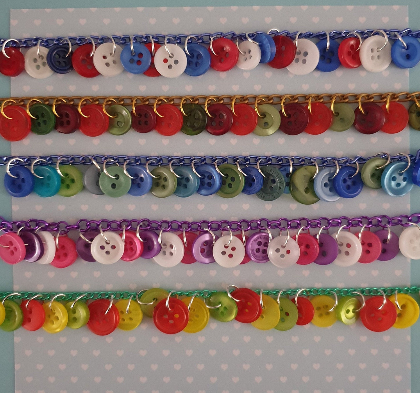 Tri Colour Button Charm Bracelet.  Red, White and Blue. Pink, White and Purple. Autumn, Fall, Autumnal, Summer