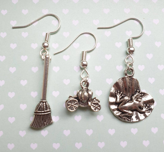 Pumpkin Carriage, Broom or Frog on Lily Pad Silver Coloured Earrings. Fairytale, Witch. Hypoallergenic, Allergy, Lead, Nickel Free.