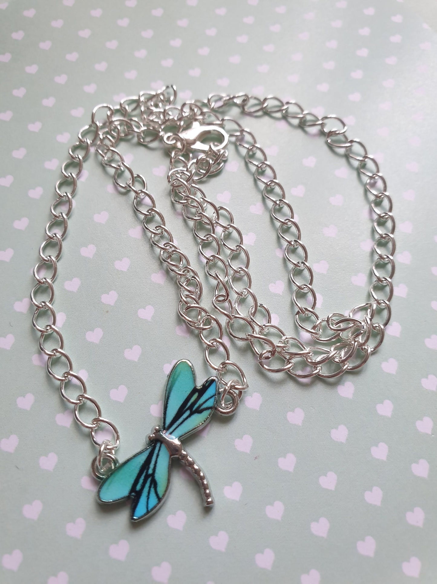 Pretty Dragonfly Bib Style Necklace. Silver with Coloured Wings.