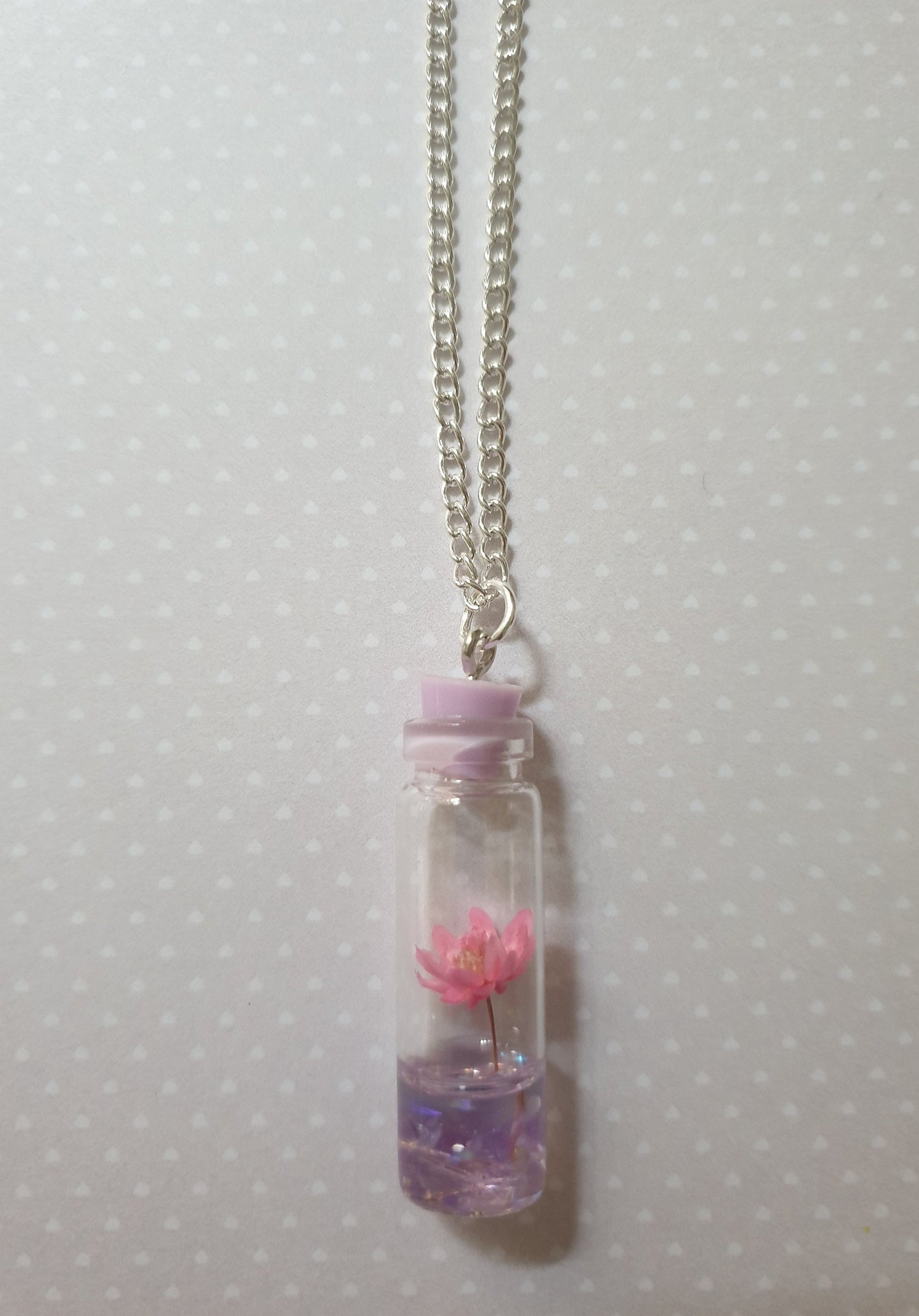 Pretty Flower in Bottle Pendant on Silver Chain.  Necklace, Gift, Stocking Filler, Mothers Day, Floral, Pink