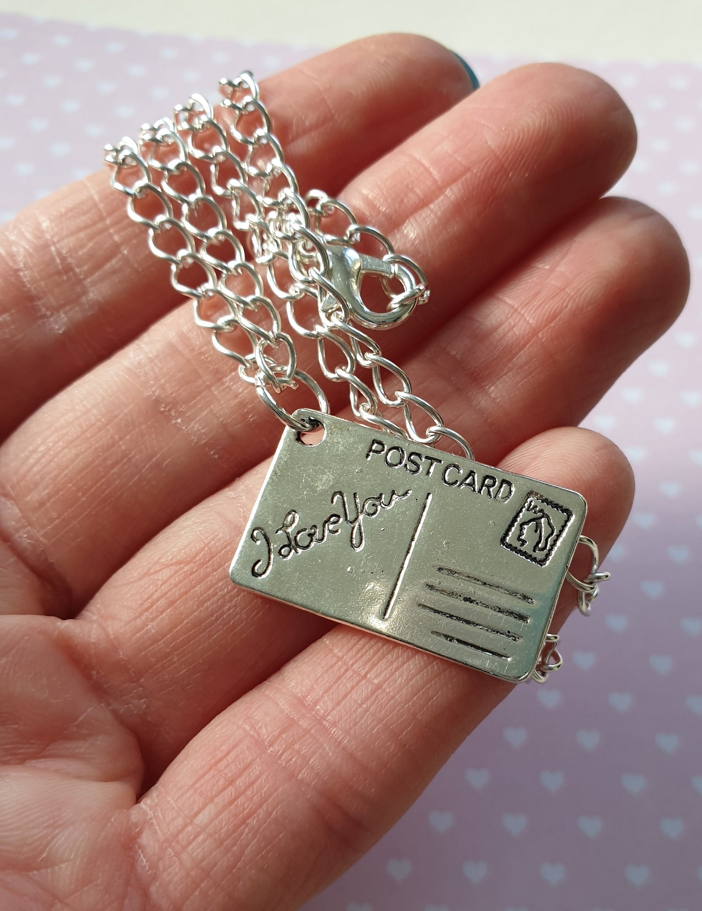 Silver 'I Love You' Postcard Pendant with Chain. Romantic, Valentine's Day Gift, Necklace