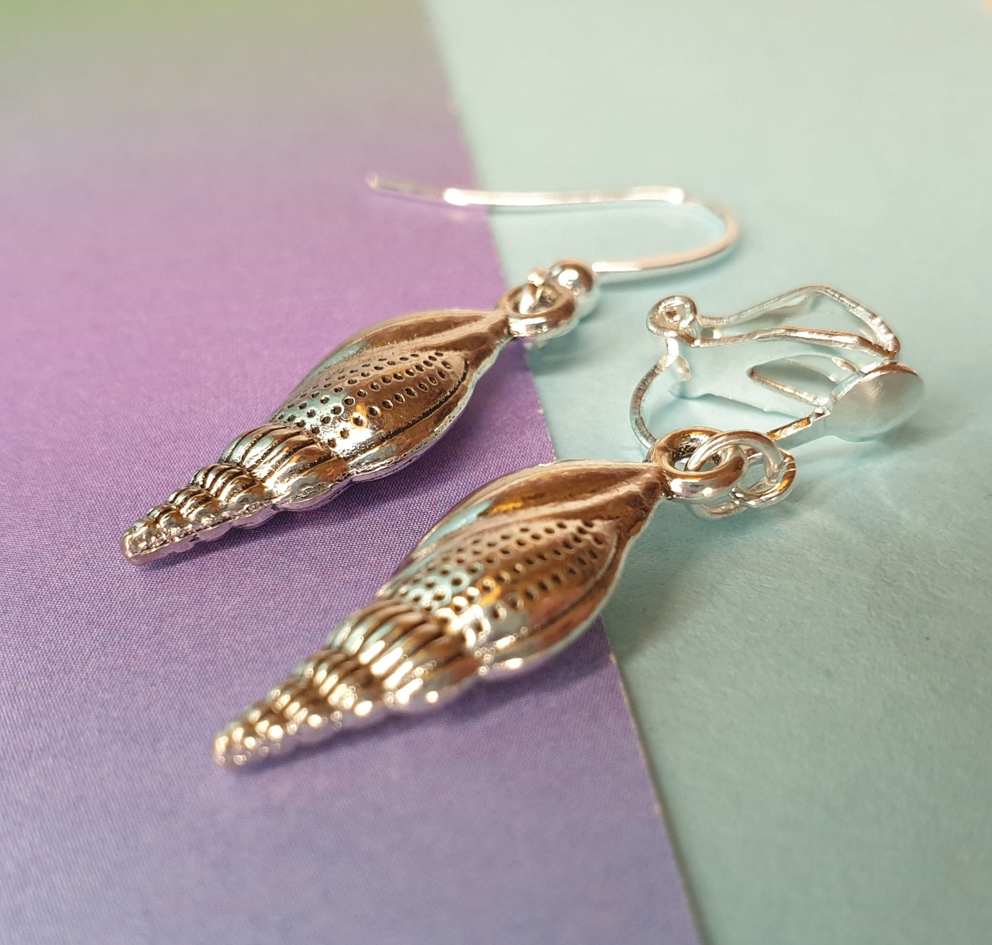 Turtle or 3D Seashell Silver Earrings. Shell, Beach, Sea, Summer, Gift. Clip Ons,  Hypoallergenic, Allergy, Lead,Nickel Free