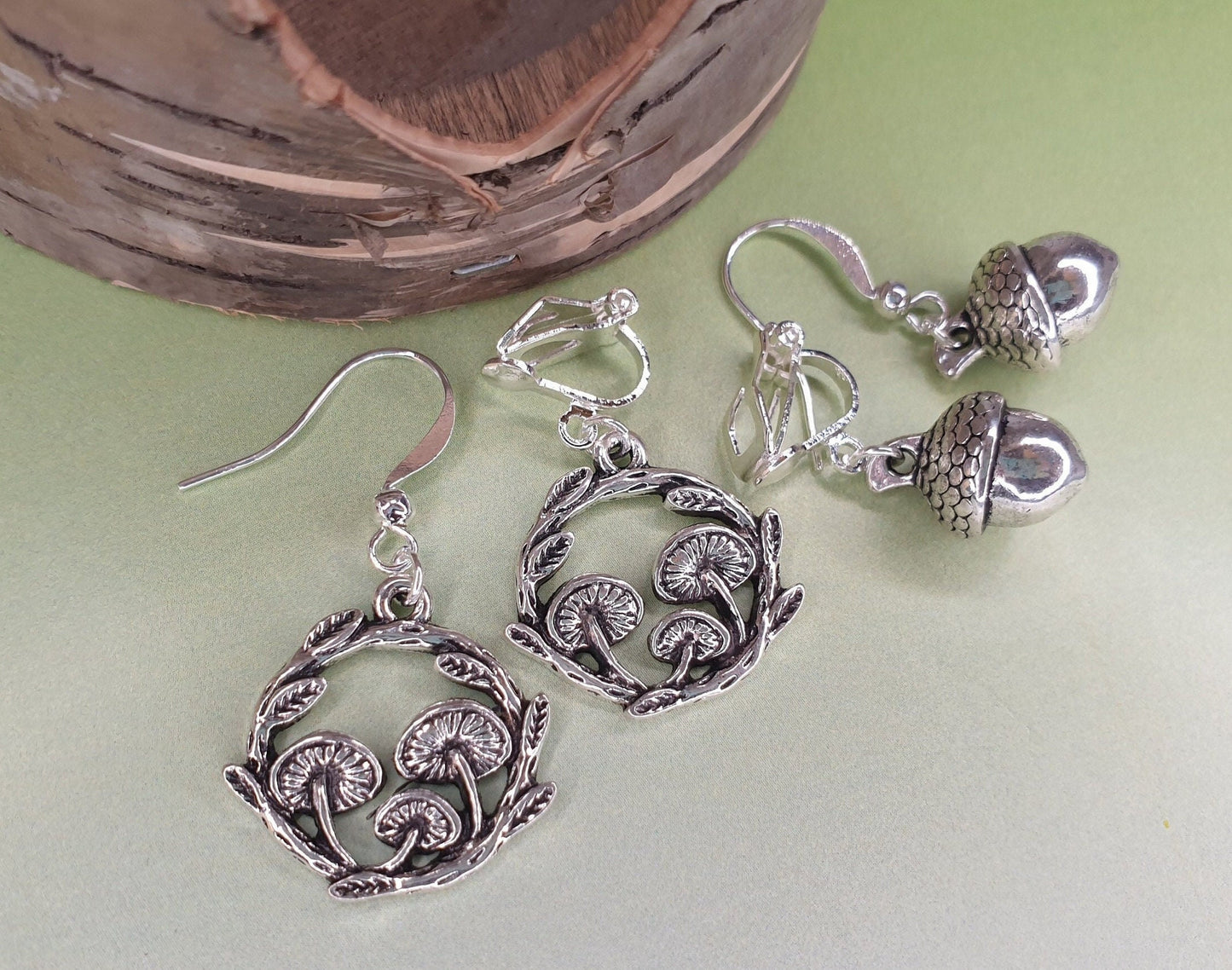 3D Acorns or Mushroom Toadstool Earrings. Silver Coloured. Clip On, Hypoallergenic, Allergy, Lead and Nickel Free