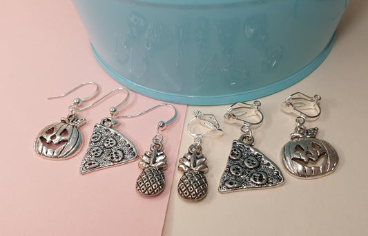 Pumpkin, Pineapples, Pizza Earrings. Food, Fruit, Jack-o-Lantern, Clip On, Hypoallergenic, Allergy, Lead, Nickel Free. Silver