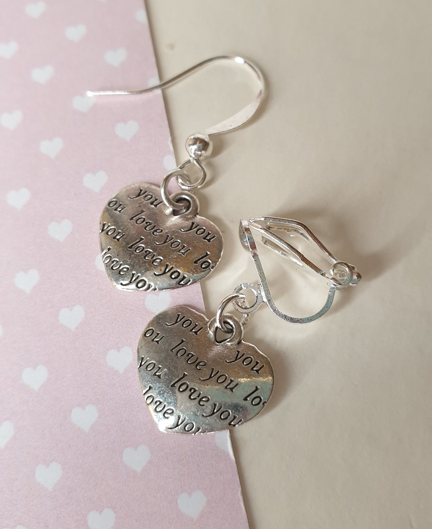 Heart Shaped 'I Love You' Silver Earrings. Clip On Hypoallergenic, Allergy, Lead, Nickel Free. Valentine's Day Gift, Anniversary, Love