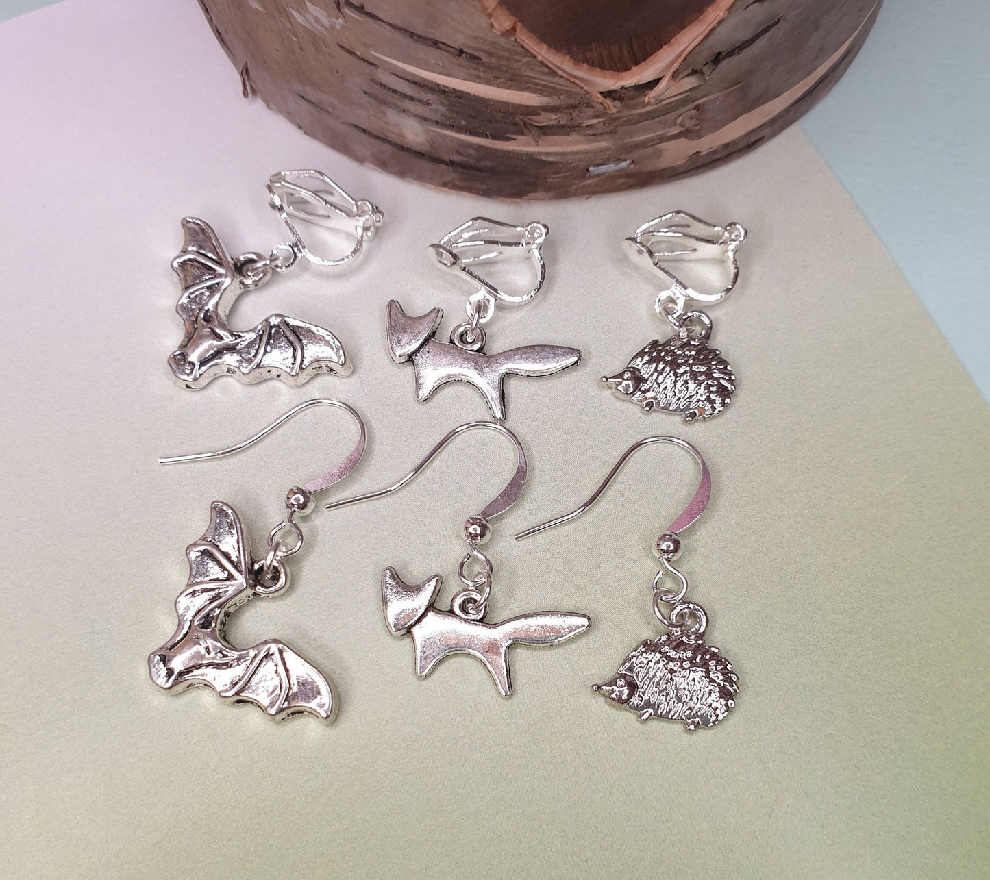 Hedgehogs, Foxes / Fox, Bat Earrings. Animal, Wildlife, Silver. Clip Ons, Hypoallergenic, Allergy, Lead, Nickel Free. Stocking Filler
