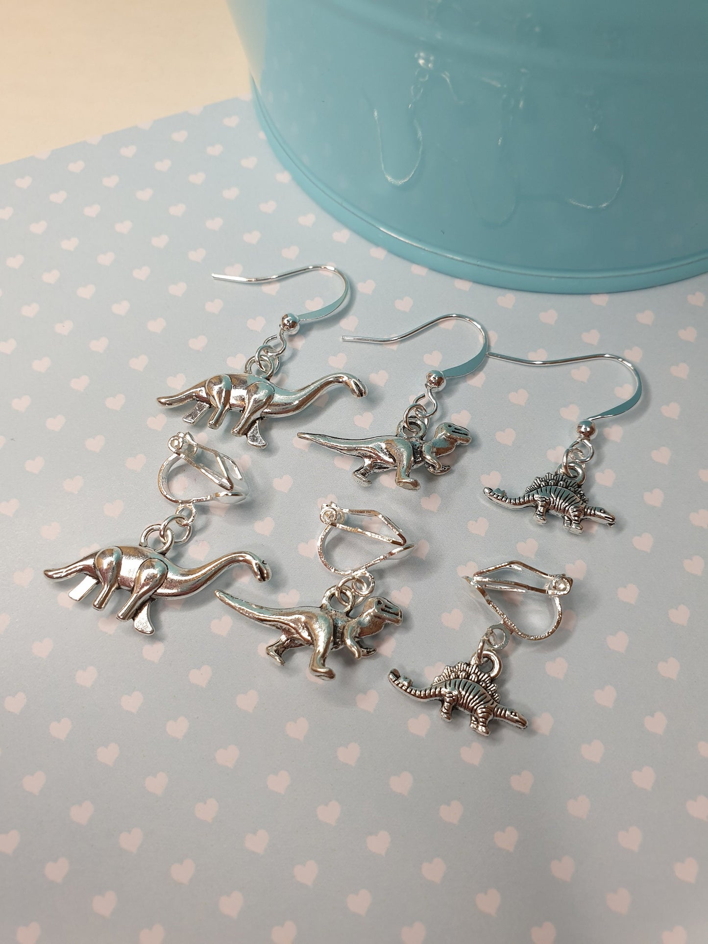 Silver Dinosaur Earrings - T Rex, Stegosaurus, Brontosaurus. Clip Ons, Hypoallergenic, Allergy, Lead, Nickel Free.