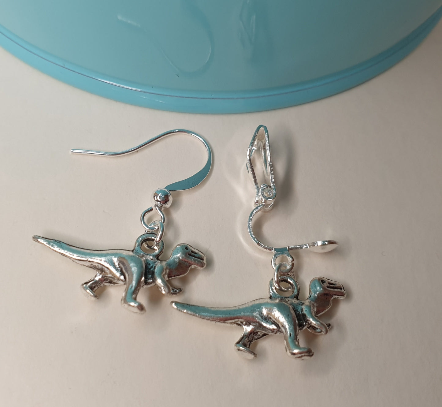Silver Dinosaur Earrings - T Rex, Stegosaurus, Brontosaurus. Clip Ons, Hypoallergenic, Allergy, Lead, Nickel Free.