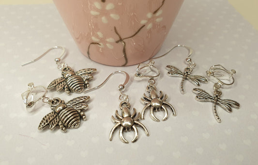 Silver Bee Earrings. Silver Dragonfly Earrings. Silver Spider Earrings. Nickel Free Earrings. Clip On Earrings.