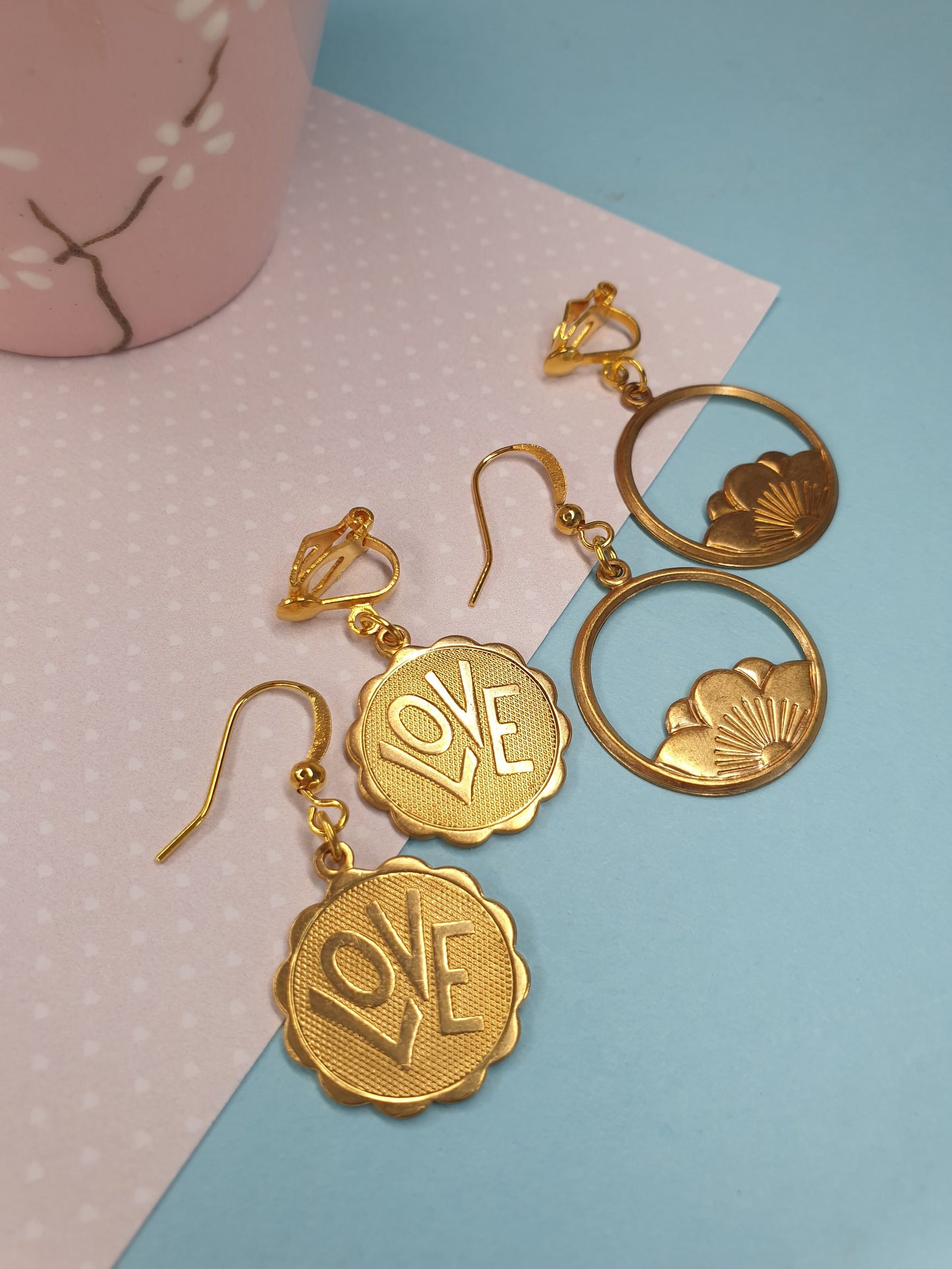 Circular Drop Earrings - Lotus Flower or Love  Brass/Gold Mothers Day Gift Clip On, Hypoallergenic, Allergy, Lead, Nickel Free