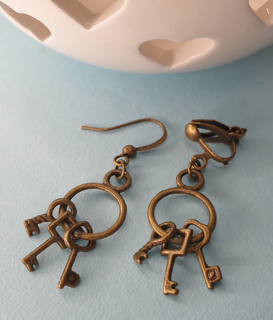 Padlock and Key Themed Drop Earrings, Bronze. Clip Ons, Hypoallergenic Lead Nickel Allergy Free Lock