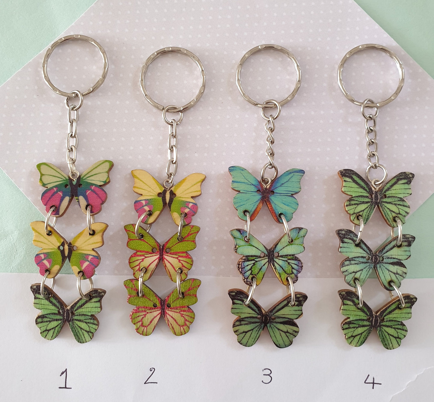 Triple Wooden Butterfly Keychain. Choice of Designs. Pretty and Unusual Stocking Filler Mothers Day