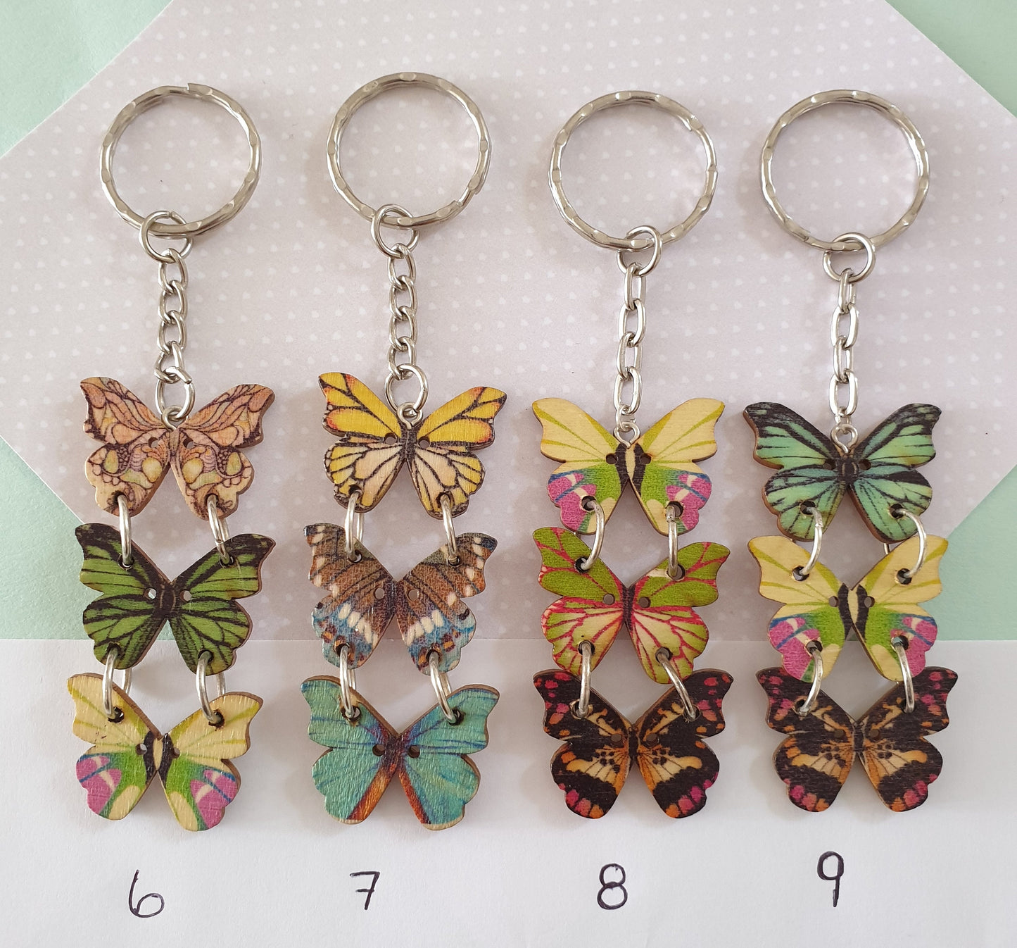 Triple Wooden Butterfly Keychain. Choice of Designs. Pretty and Unusual Stocking Filler Mothers Day