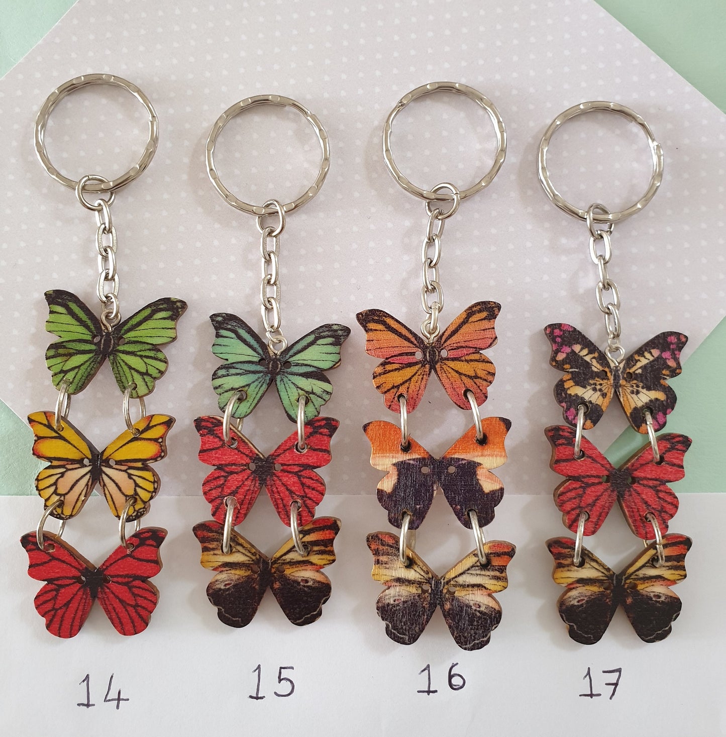 Triple Wooden Butterfly Keychain. Choice of Designs. Pretty and Unusual Stocking Filler Mothers Day