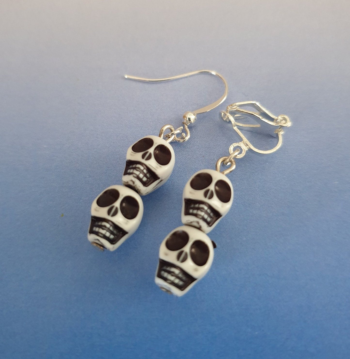 Beaded Skull Earrings. Halloween Earrings. Goth Earrings. Skull Jewellery. Skull Drop Earrings. Nickel Free Earrings. Clip On Earrings