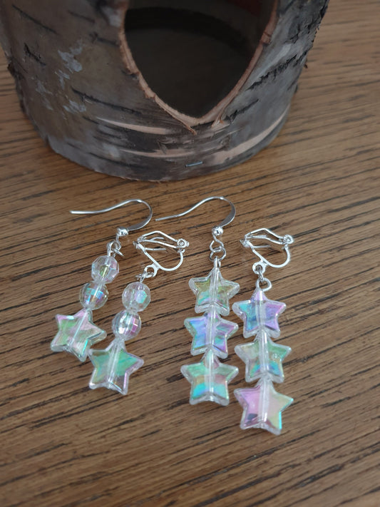 White Iridescent AB Star Beaded Earrings. Clip On, Hypoallergenic, Allergy, Lead, Nickel Free