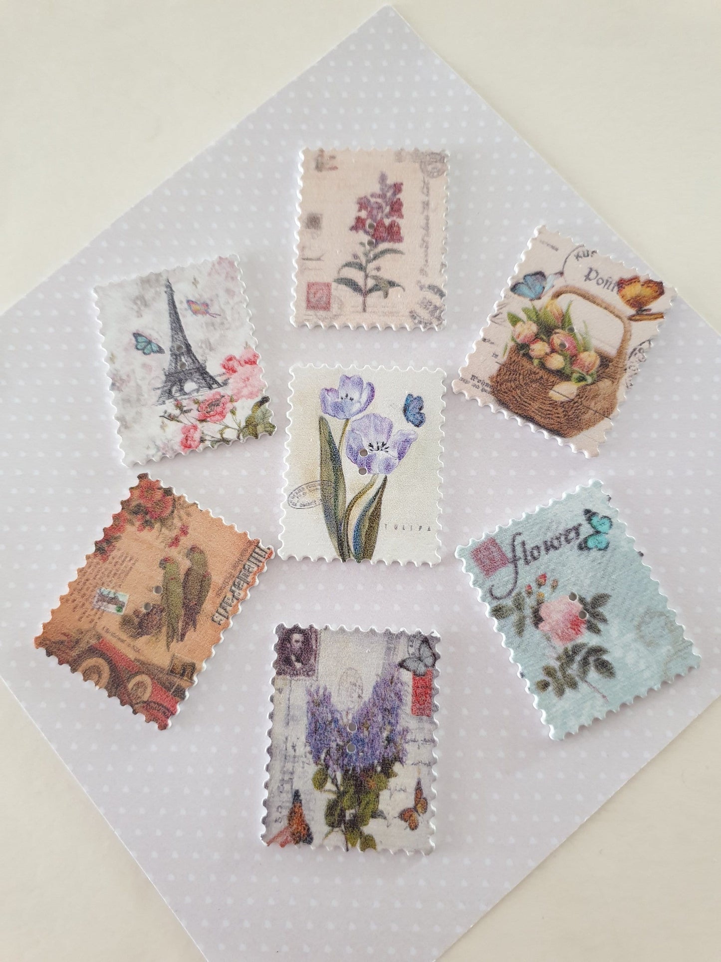 Wooden Vintage Style Postage Stamp Brooch. Badges, Flowers, Floral, Eiffel Tower, Birds, Spring, Gift For Her, Butterfly