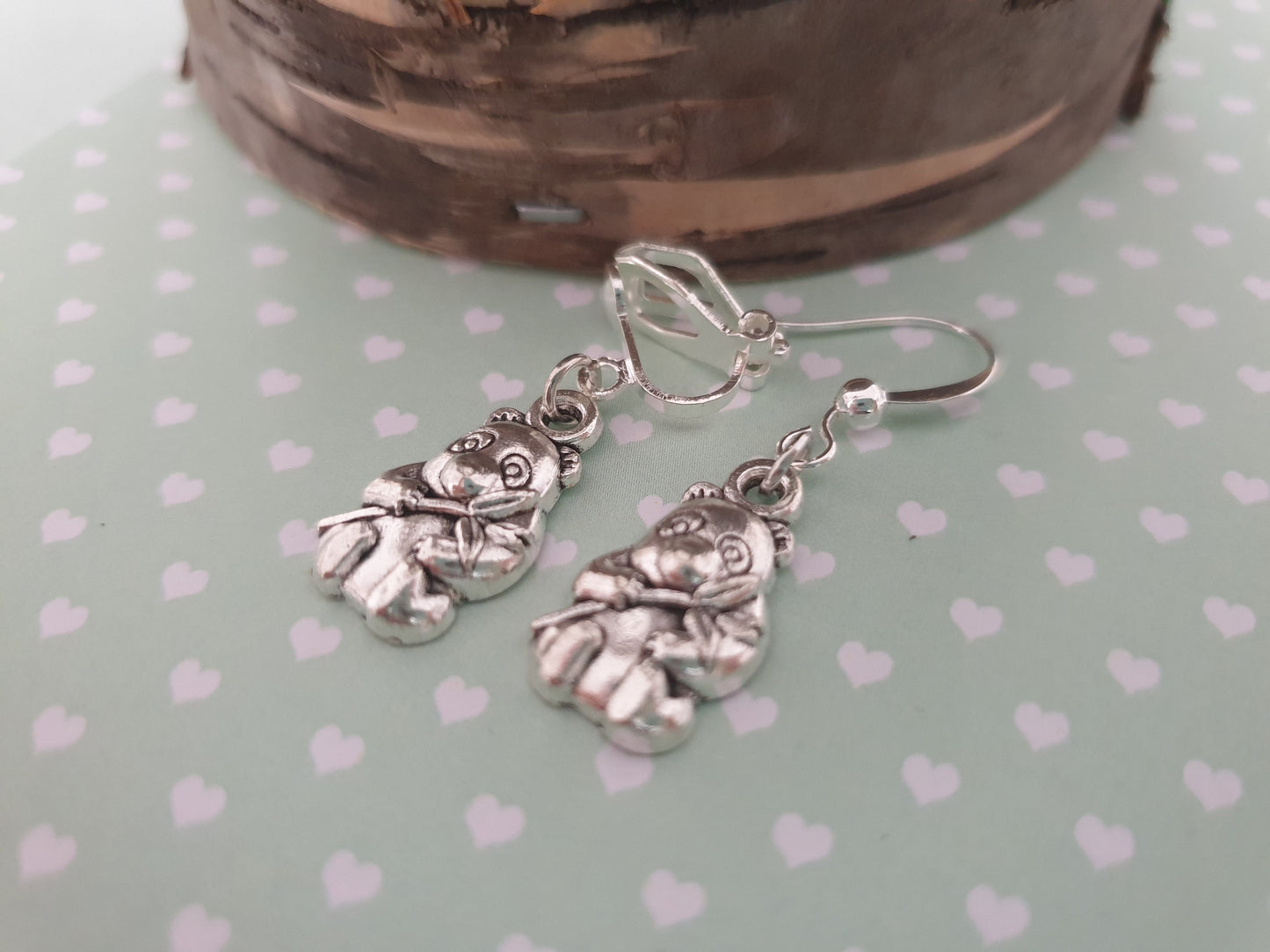Panda Silver Earrings. Animals, Bear, Bamboo. Clip Ons, Hypoallergenic, Allergy, Lead, Nickel Free. Gift for Her