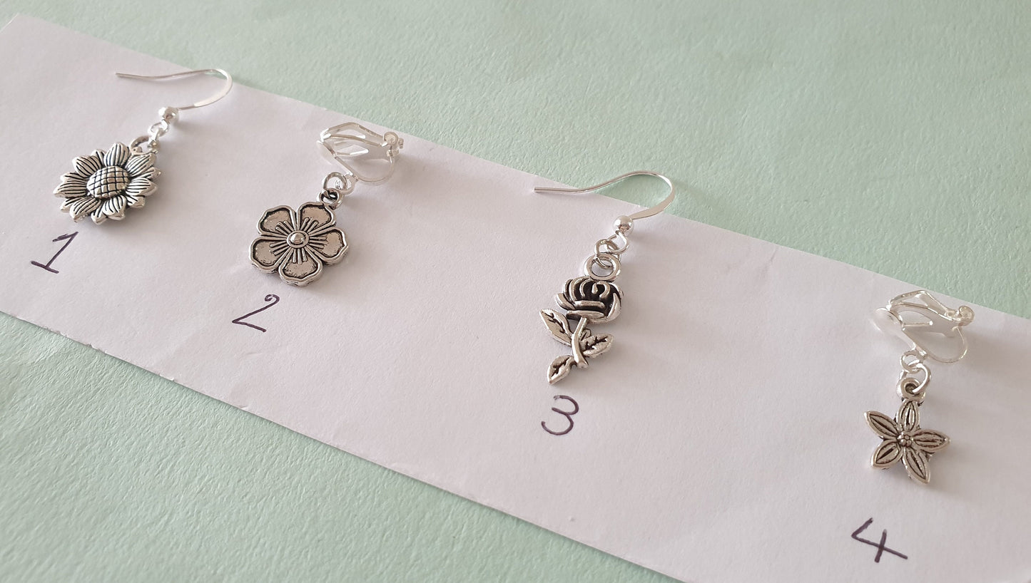 Flower Earrings, Sunflower, Rose, Forget Me Not  Silver. Summer, Flowers, Gift, Floral. Clip On, Hypoallergenic, Allergy, Lead, Nickel Free