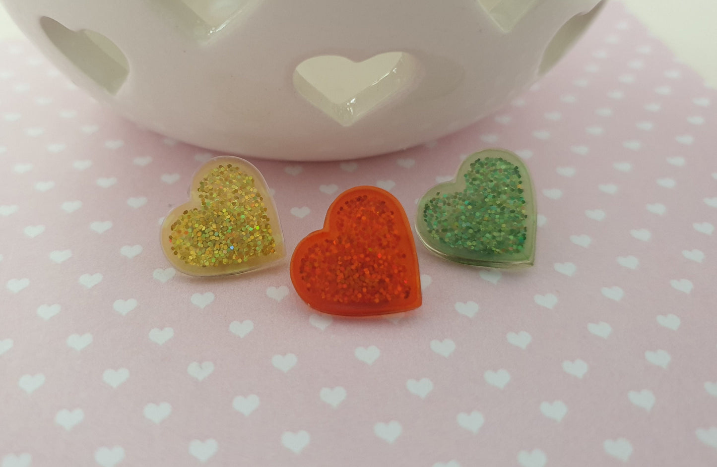 Glitter Heart Stud Earrings, Studs, Colourful, Bright Colours. Clip Ons, Hypoallergenic, Allergy, Lead, Nickel Free