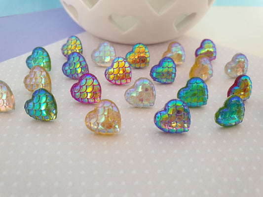 Mermaid Heart Stud Earrings, Allergy Free, Hypoallergenic. Iridescent Shine. Very Pretty Choice of Colours. Valentine's Day Gift Rainbow