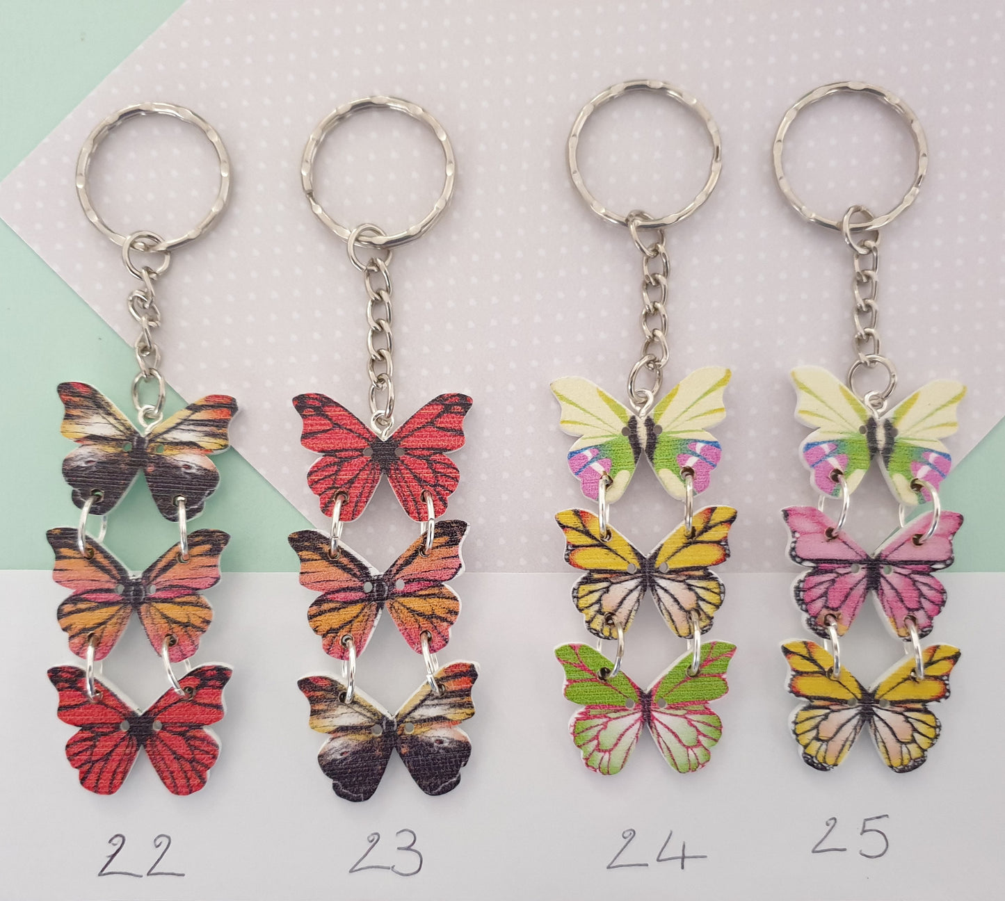 Triple Wooden Butterfly Keychain. Choice of Designs. Pretty and Unusual Stocking Filler Mothers Day