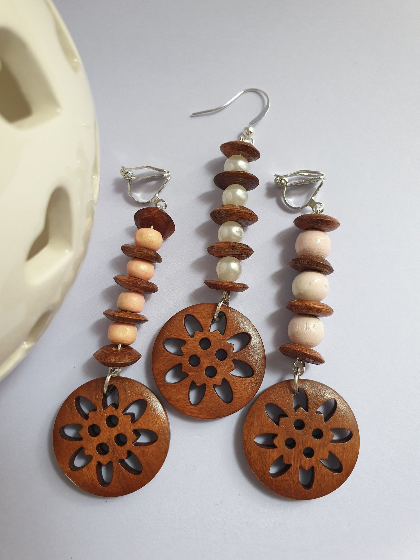 Dark Wood and Beaded Dangle Earrings. Clip On. Hypoallergenic, Allergy, Nickel Free.