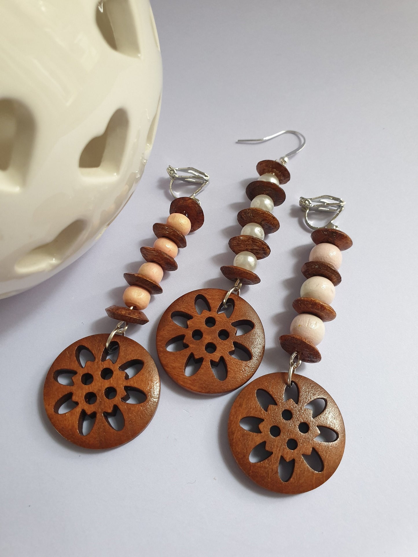 Dark Wood and Beaded Dangle Earrings. Clip On. Hypoallergenic, Allergy, Nickel Free.