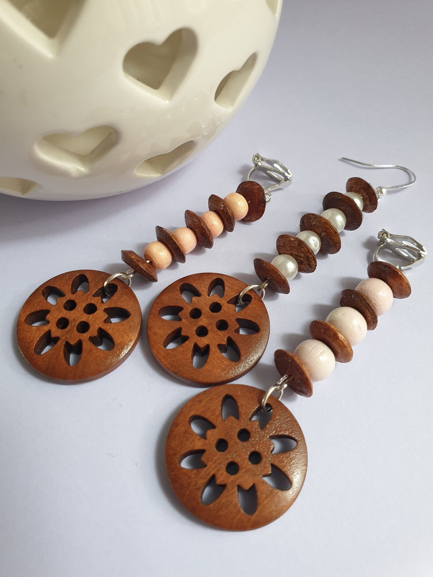 Dark Wood and Beaded Dangle Earrings. Clip On. Hypoallergenic, Allergy, Nickel Free.